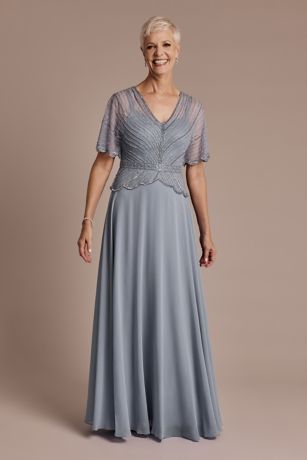 Oleg Cassini Beaded Peplum A-Line Dress with Scalloped Edge